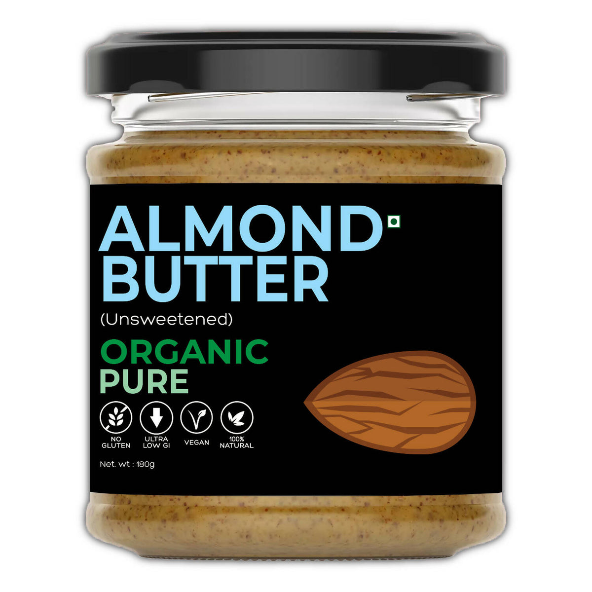Organic Almond Butter (Unsweetened) (Sugar-Free, Organic, Gluten-Free, Low Carb, Ultra Low GI, Vegan, Diabetes & Keto Friendly) - 180g